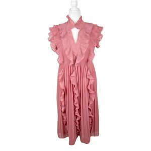 Liu Han Dress Women Medium Pink Ruffled Fit Flare V-Neck Midi Party Pleated